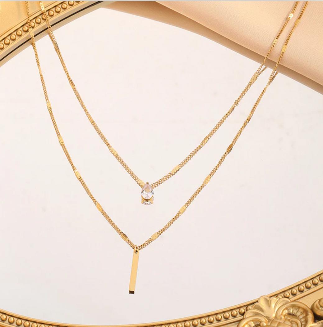 Gold Plated Stainless Steel Anti Tarnish Tear Drop CZ Dual Strand Pendant Necklace