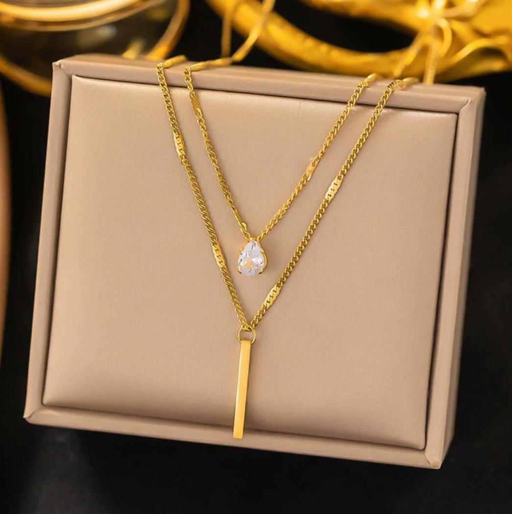 Gold Plated Stainless Steel Anti Tarnish Tear Drop CZ Dual Strand Pendant Necklace
