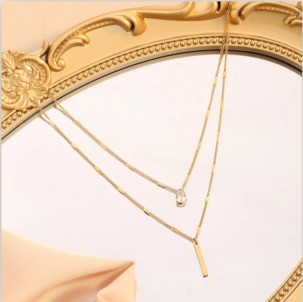 Gold Plated Stainless Steel Anti Tarnish Tear Drop CZ Dual Strand Pendant Necklace