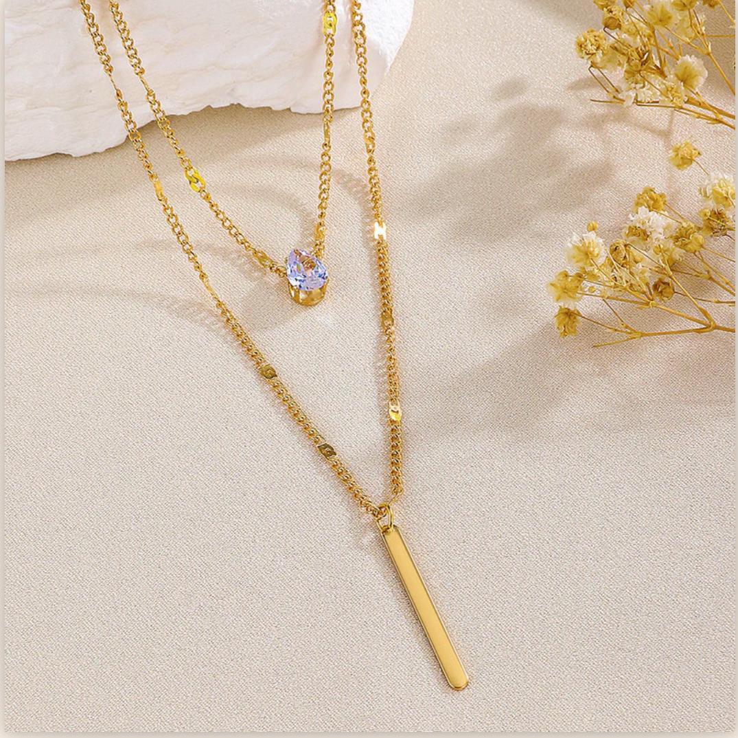 Gold Plated Stainless Steel Anti Tarnish Tear Drop CZ Dual Strand Pendant Necklace