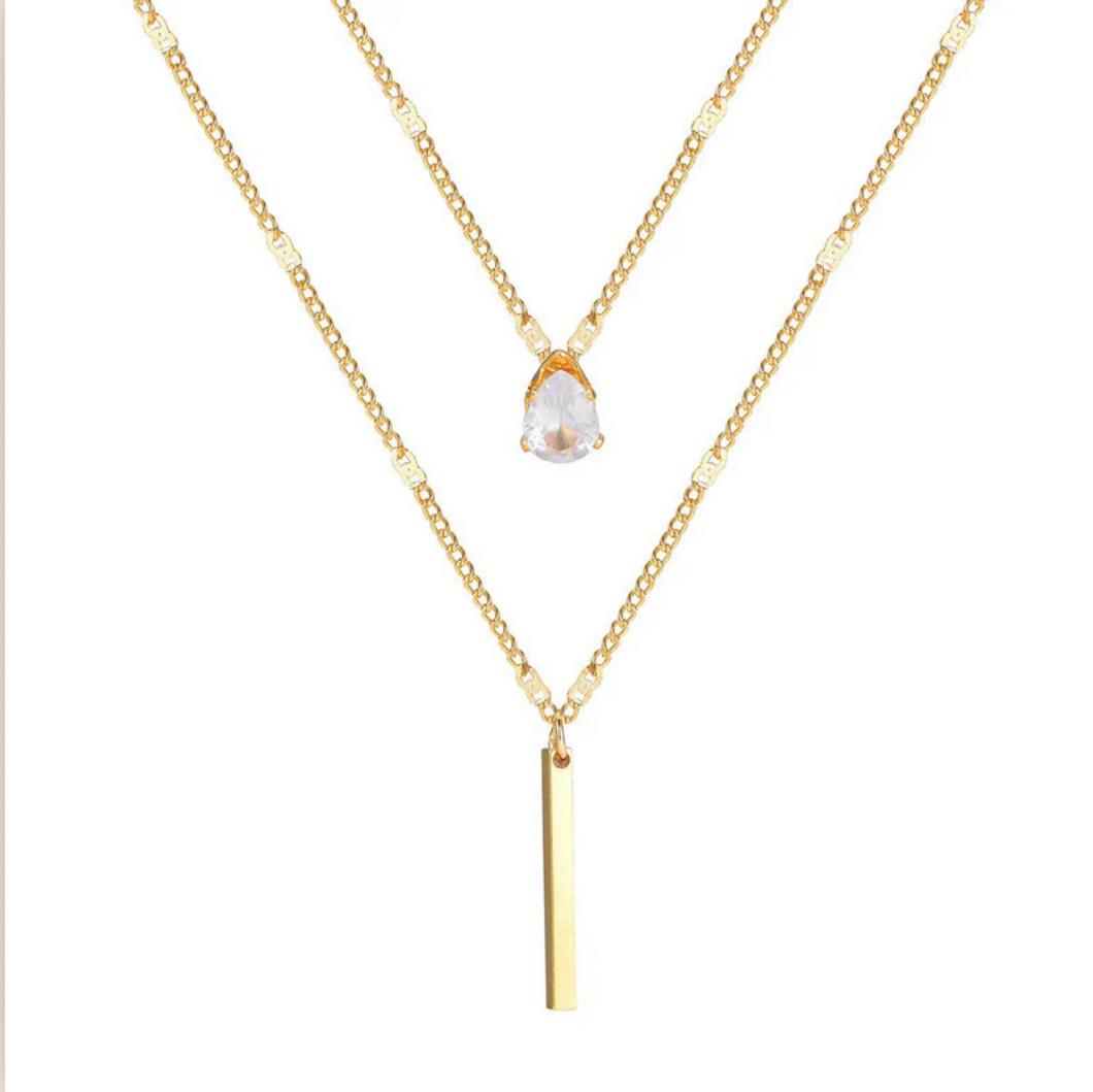 Gold Plated Stainless Steel Anti Tarnish Tear Drop CZ Dual Strand Pendant Necklace