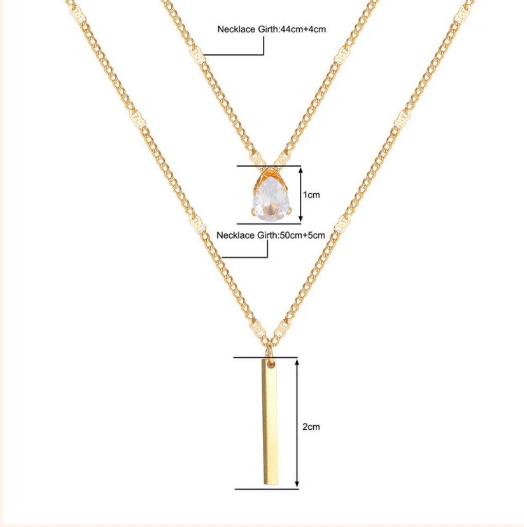 Gold Plated Stainless Steel Anti Tarnish Tear Drop CZ Dual Strand Pendant Necklace