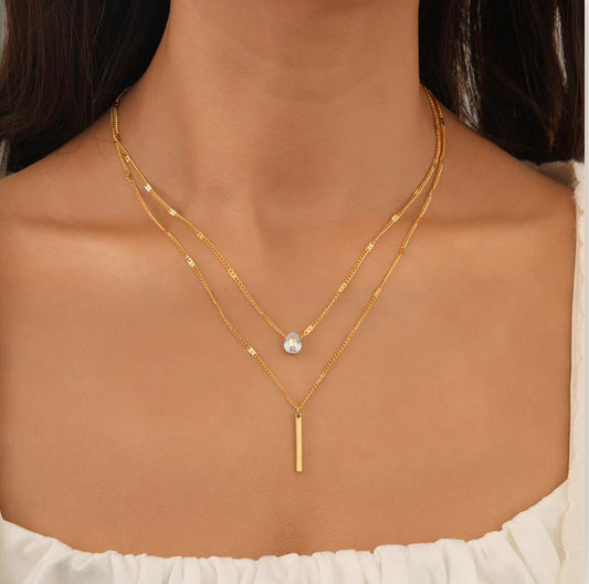 Gold Plated Stainless Steel Anti Tarnish Tear Drop CZ Dual Strand Pendant Necklace