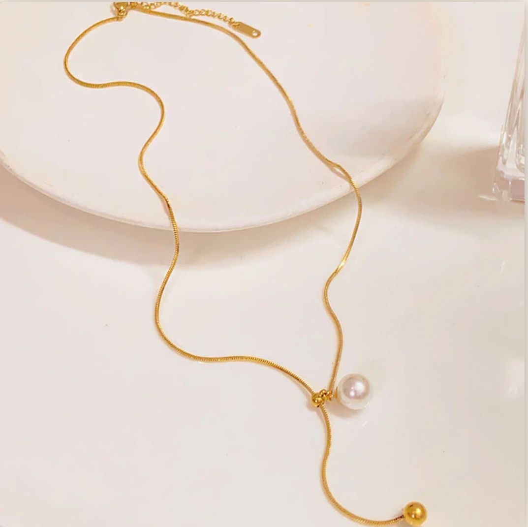 18K Gold Plated Stainless Steel Anti Tarnish Pearl Studded Pendant Necklace