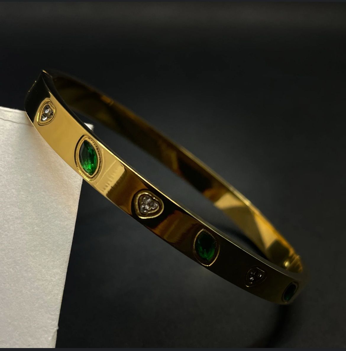 "Emerald Gleam" 18K Gold-Plated Crystal Bangle Bracelet