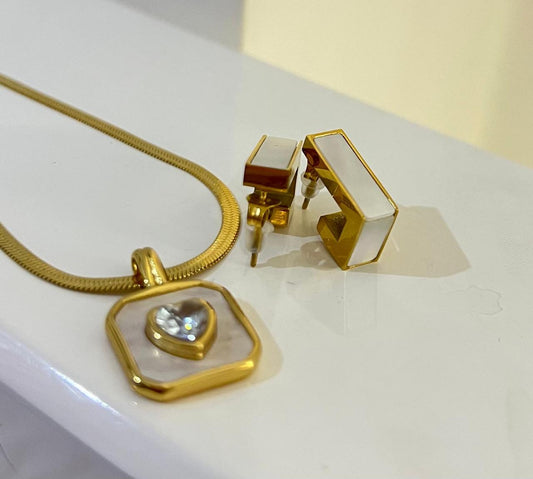 (COMBO) Mother-of-Pearl Necklace + Geometric Earrings Set