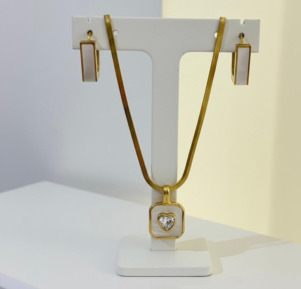 (COMBO) Mother-of-Pearl Necklace + Geometric Earrings Set