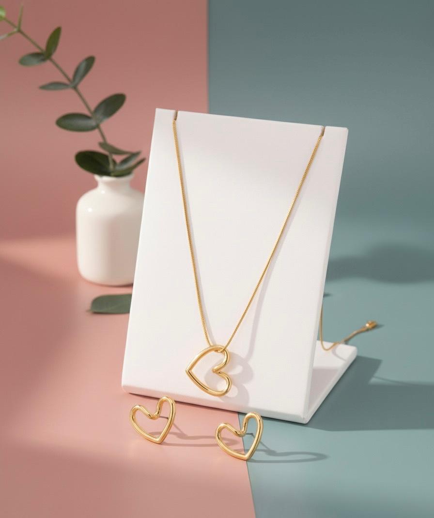 (COMBO) Minimalist Open Heart Necklace + Earring Set