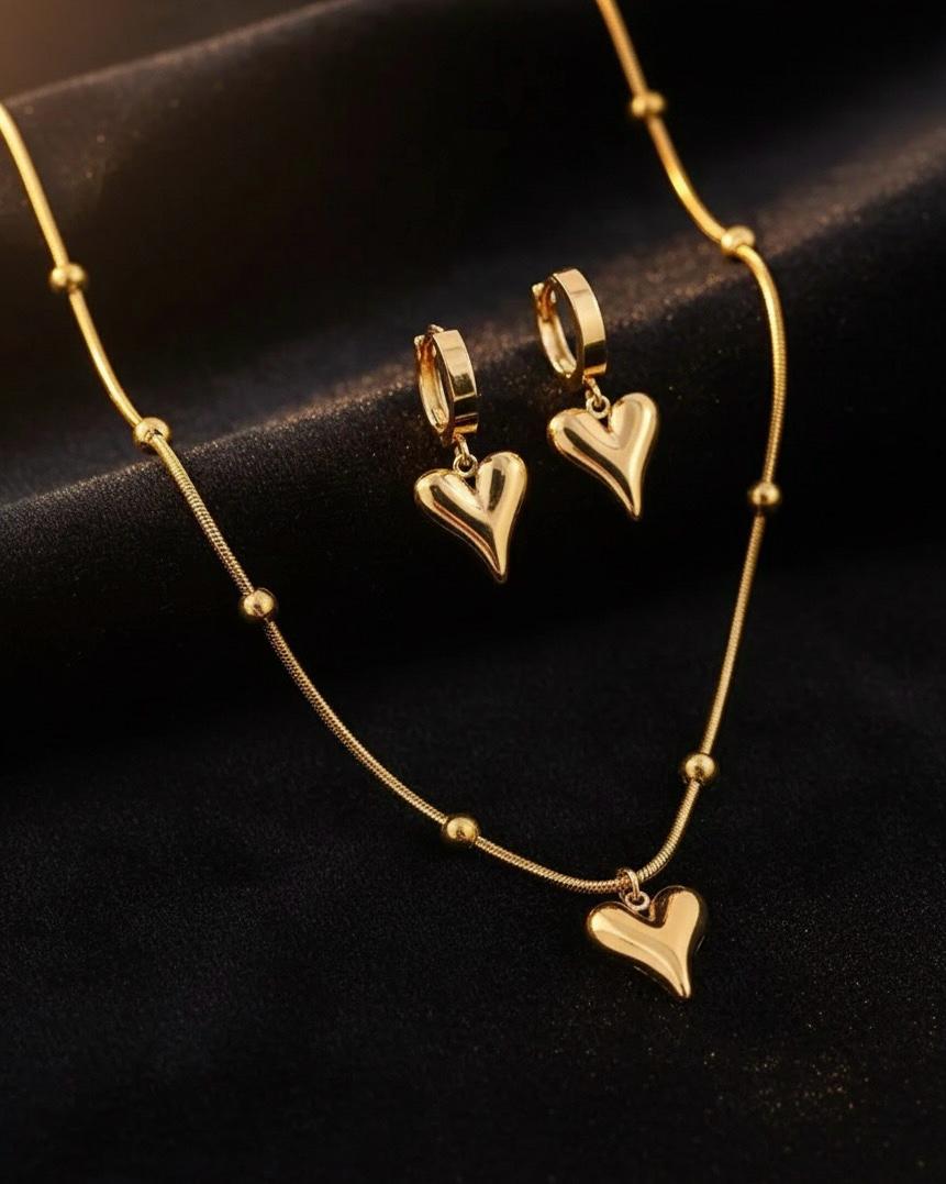 (COMBO) Puffy Heart Necklace + Hoop Earrings Set