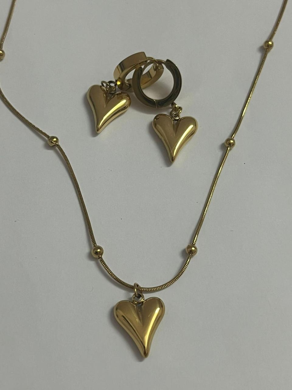 (COMBO) Puffy Heart Necklace + Hoop Earrings Set