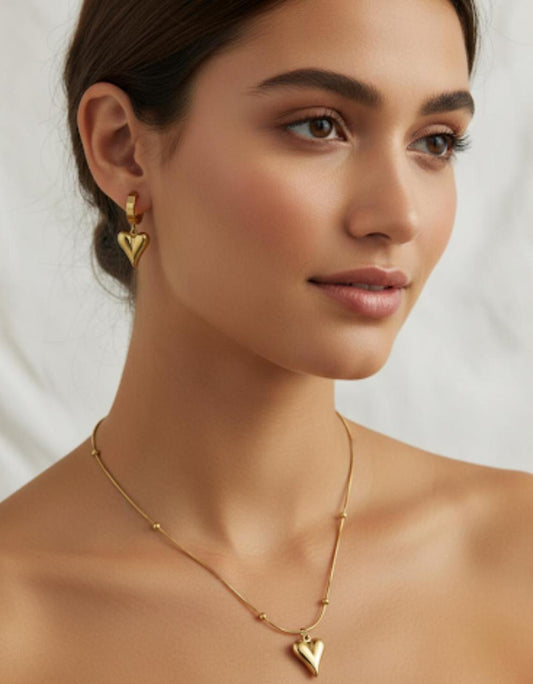 (COMBO) Puffy Heart Necklace + Hoop Earrings Set