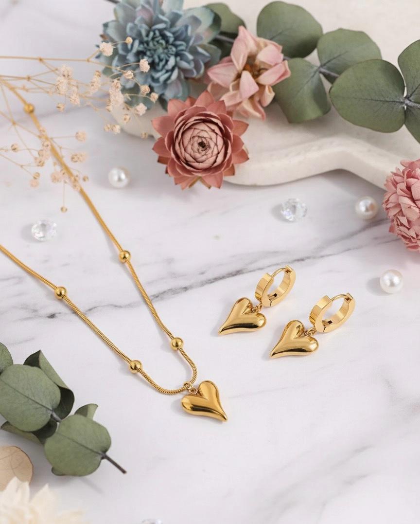 (COMBO) Puffy Heart Necklace + Hoop Earrings Set