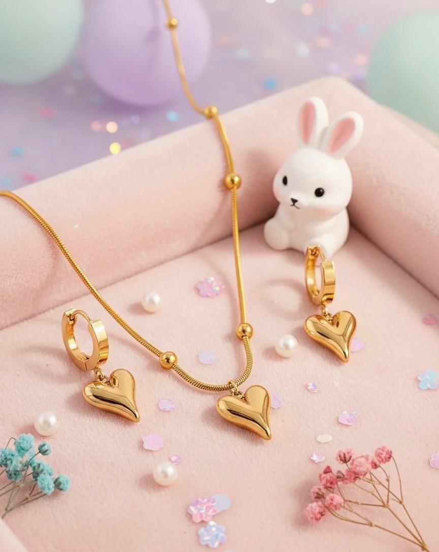 (COMBO) Puffy Heart Necklace + Hoop Earrings Set