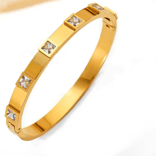Stainless Steel Gold-Plated White Square American Diamond studded Bangle-Style Anti-Tarnish Bracelet For Women