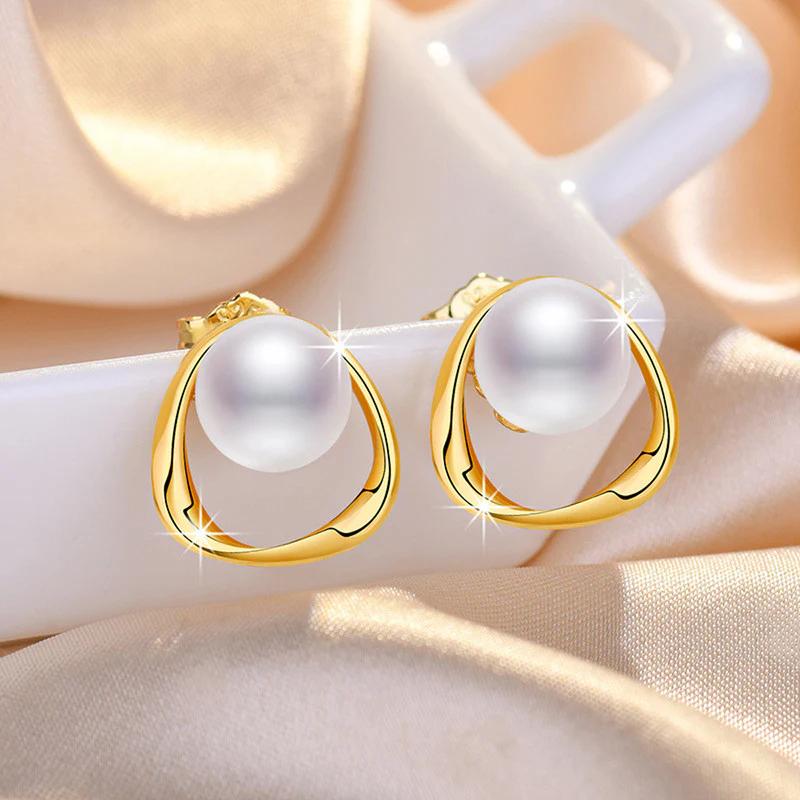 18K Gold Plated Triangle Shaped Pearl Studded Korean Stud Earrings