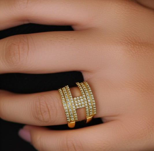 18k Gold Plated Designer Baguette Statement Ring – Adjustable