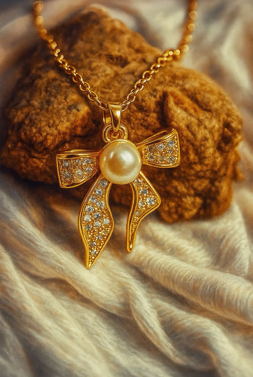 18 Karat Gold Plated Bow Knot Pendant with Pearl Drop