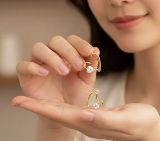 18 Karat Gold Plated Heart Charm Stud Earrings