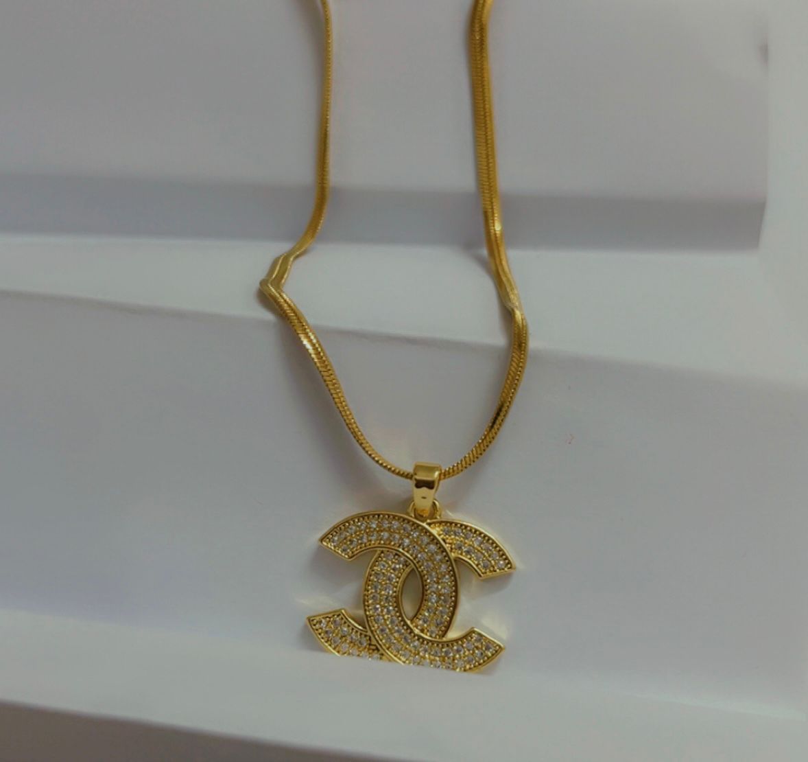 18 Karat Gold Plated Pave Crystal Double C Logo Necklace