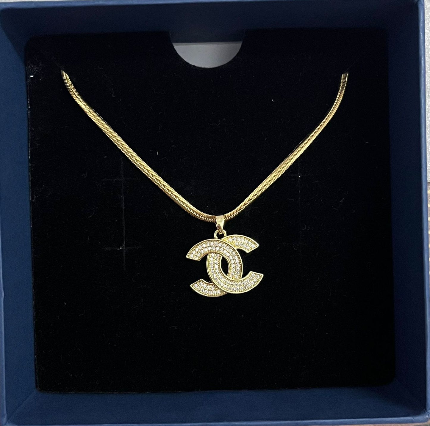 18 Karat Gold Plated Pave Crystal Double C Logo Necklace