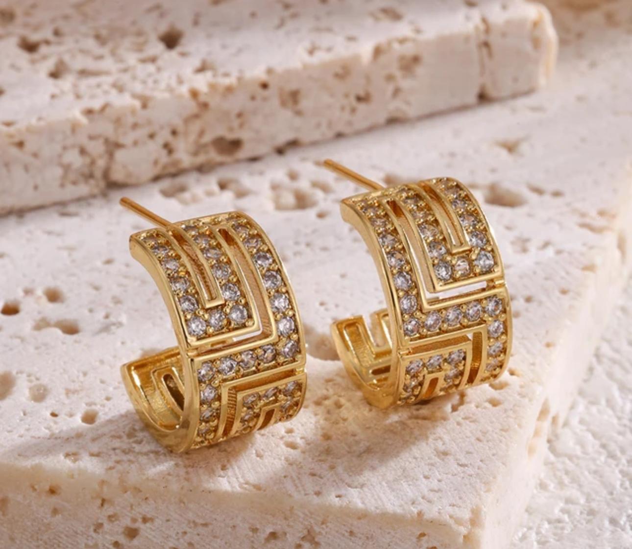 18 Karat Gold Plated Diamond-Pattern Hoop Earrings