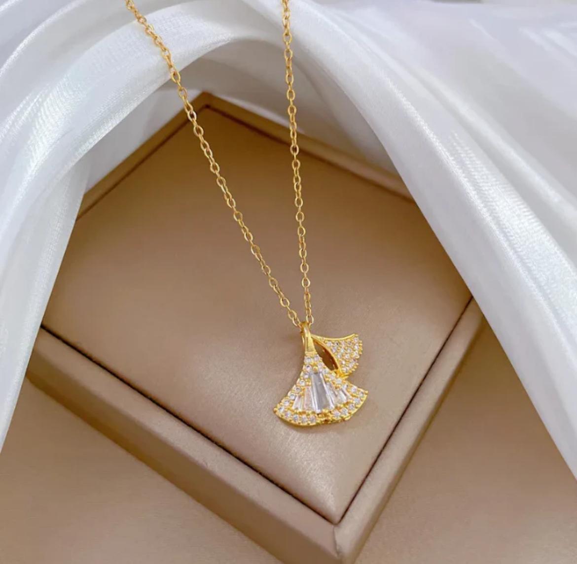 18 Karat Gold Plated Dainty Fan-Shaped Crystal Necklace