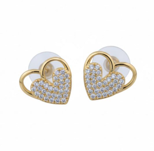 18 Karat Gold Plated Heart-Shaped Stud Earrings with Crystal Stones