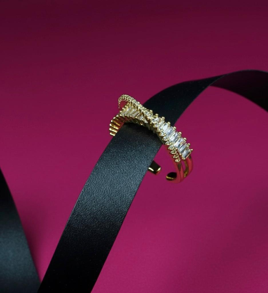 Baguette & Pave Double-Row Adjustable Cuff Ring