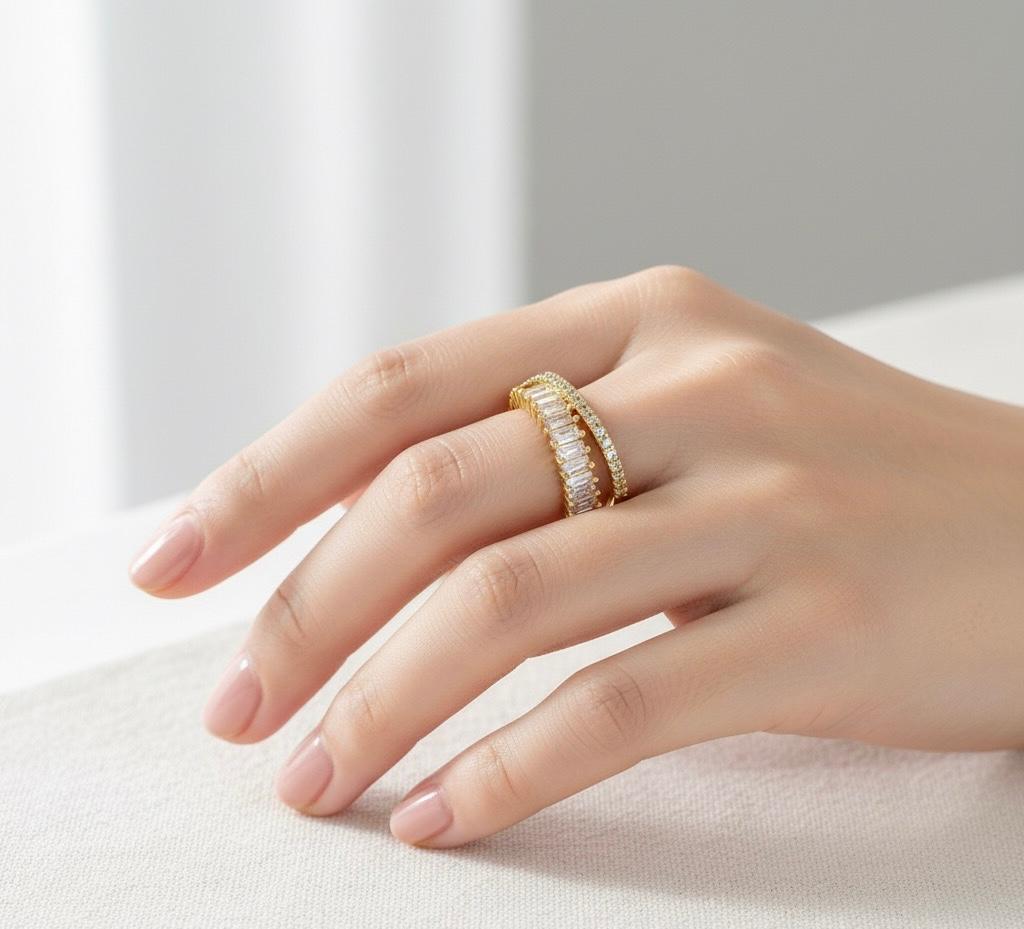 Baguette & Pave Double-Row Adjustable Cuff Ring