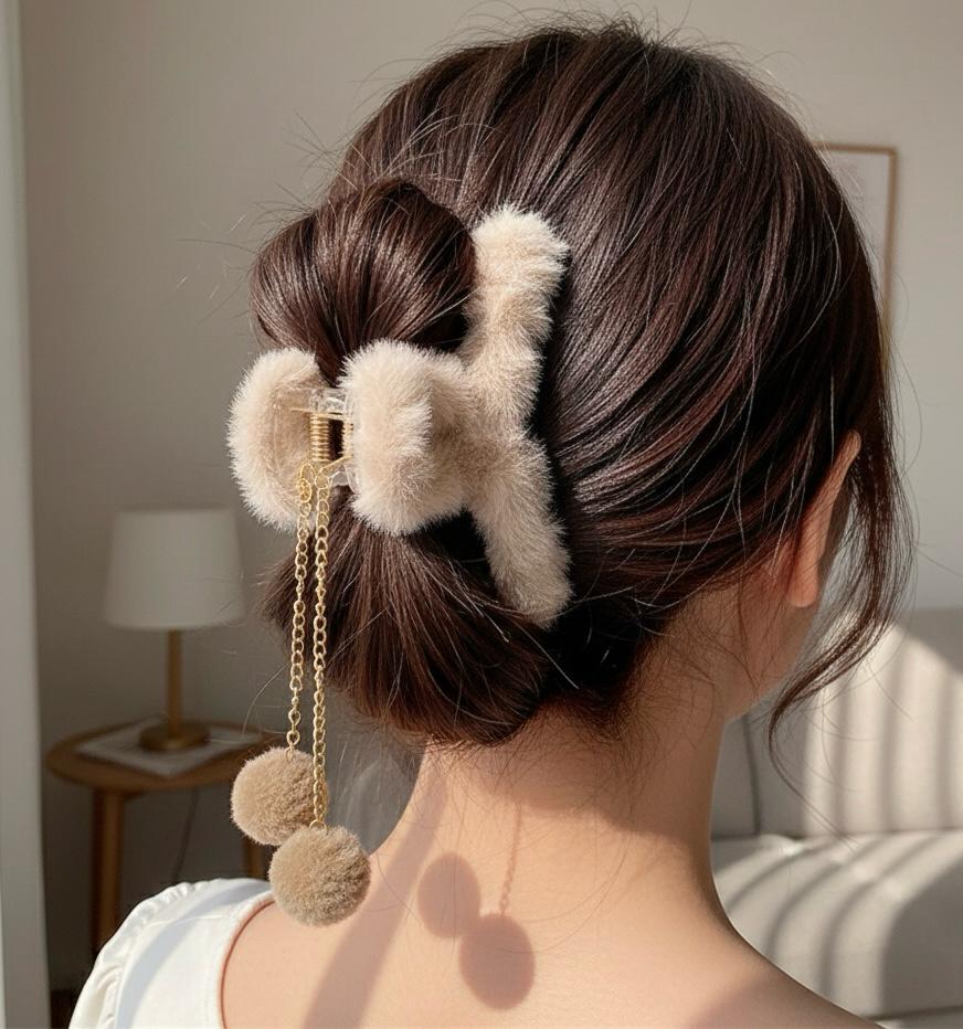Furry Pom-Pom Hair Claw