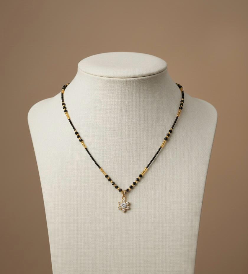 Golden Floral Black Bead Necklace