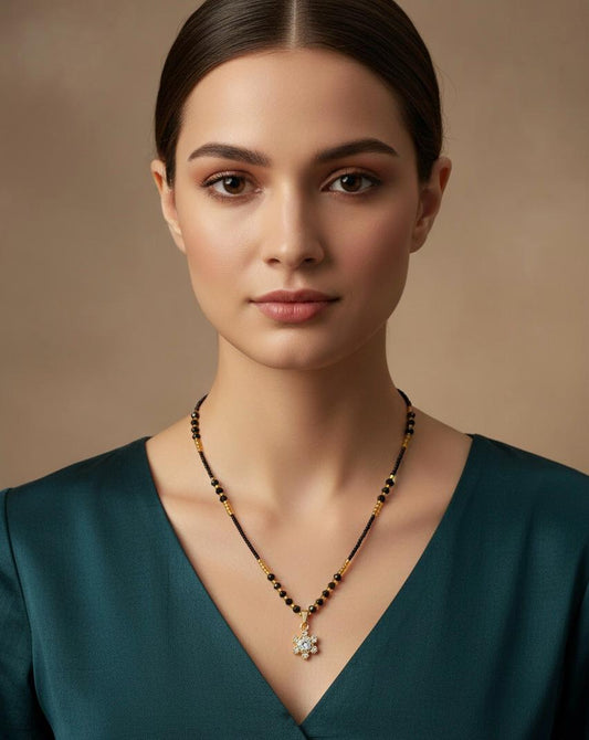 Golden Floral Black Bead Necklace