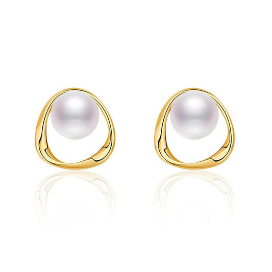18K Gold Plated Triangle Shaped Pearl Studded Korean Stud Earrings