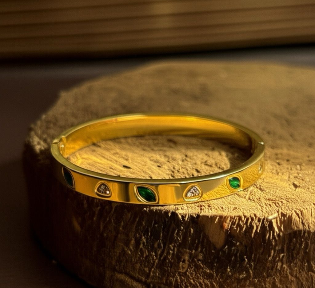 "Emerald Gleam" 18K Gold-Plated Crystal Bangle Bracelet