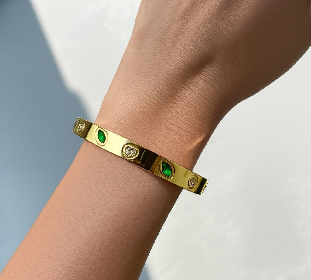 "Emerald Gleam" 18K Gold-Plated Crystal Bangle Bracelet