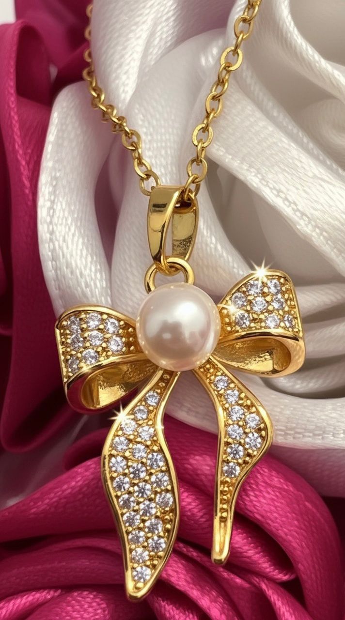 18 Karat Gold Plated Bow Knot Pendant with Pearl Drop