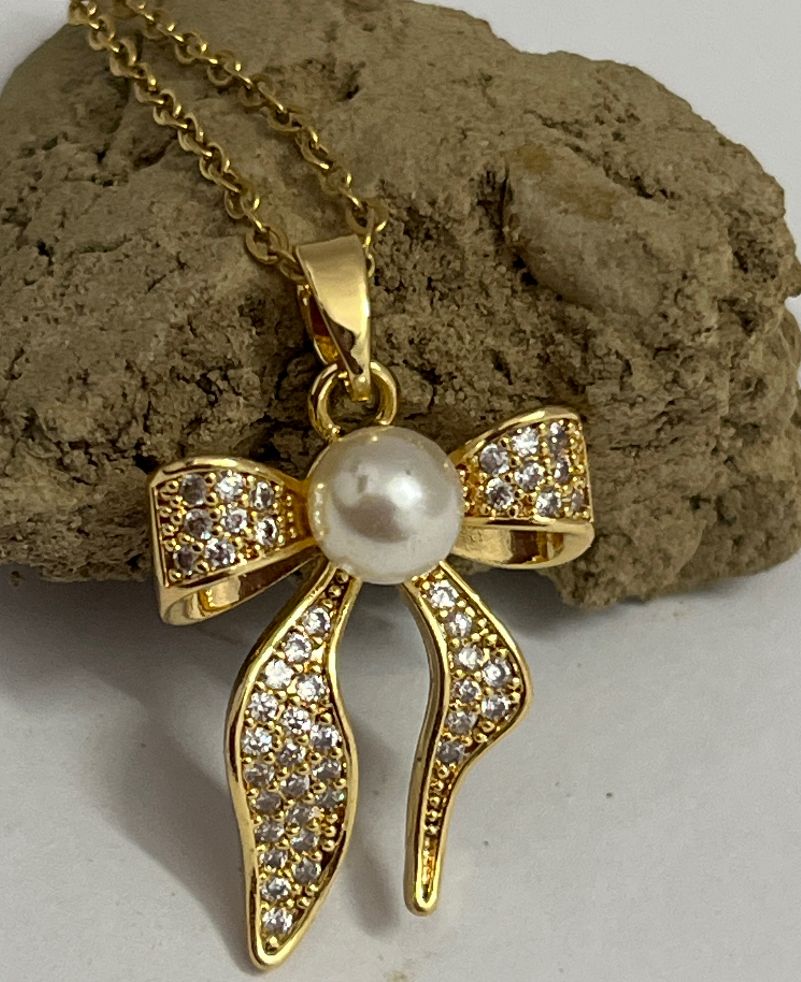 18 Karat Gold Plated Bow Knot Pendant with Pearl Drop