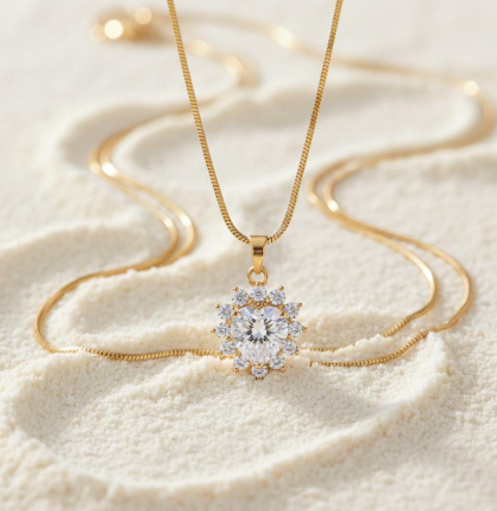 18 Karat Gold Plated Crystal Snowflake Pendant Necklace