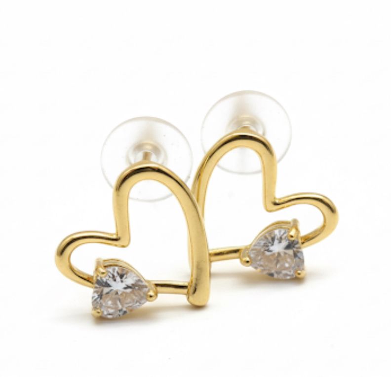 18 Karat Gold Plated Heart Charm Stud Earrings