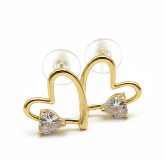 18 Karat Gold Plated Heart Charm Stud Earrings