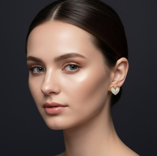 18 Karat Gold Plated Heart-Shaped Stud Earrings with Crystal Stones