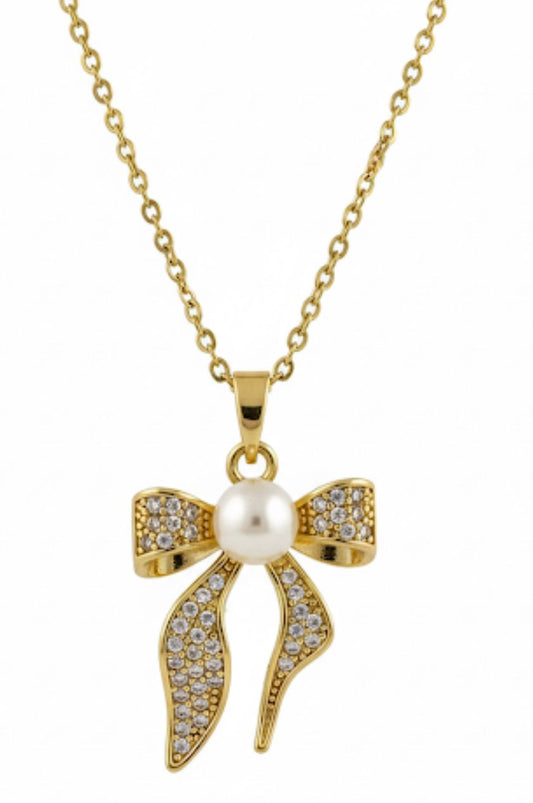 18 Karat Gold Plated Bow Knot Pendant with Pearl Drop