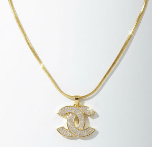 18 Karat Gold Plated Pave Crystal Double C Logo Necklace