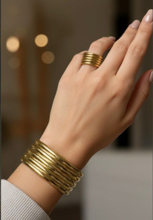 (COMBO) Sculptural Multi-Band Cuff Bracelet + Adjustable Ring Set