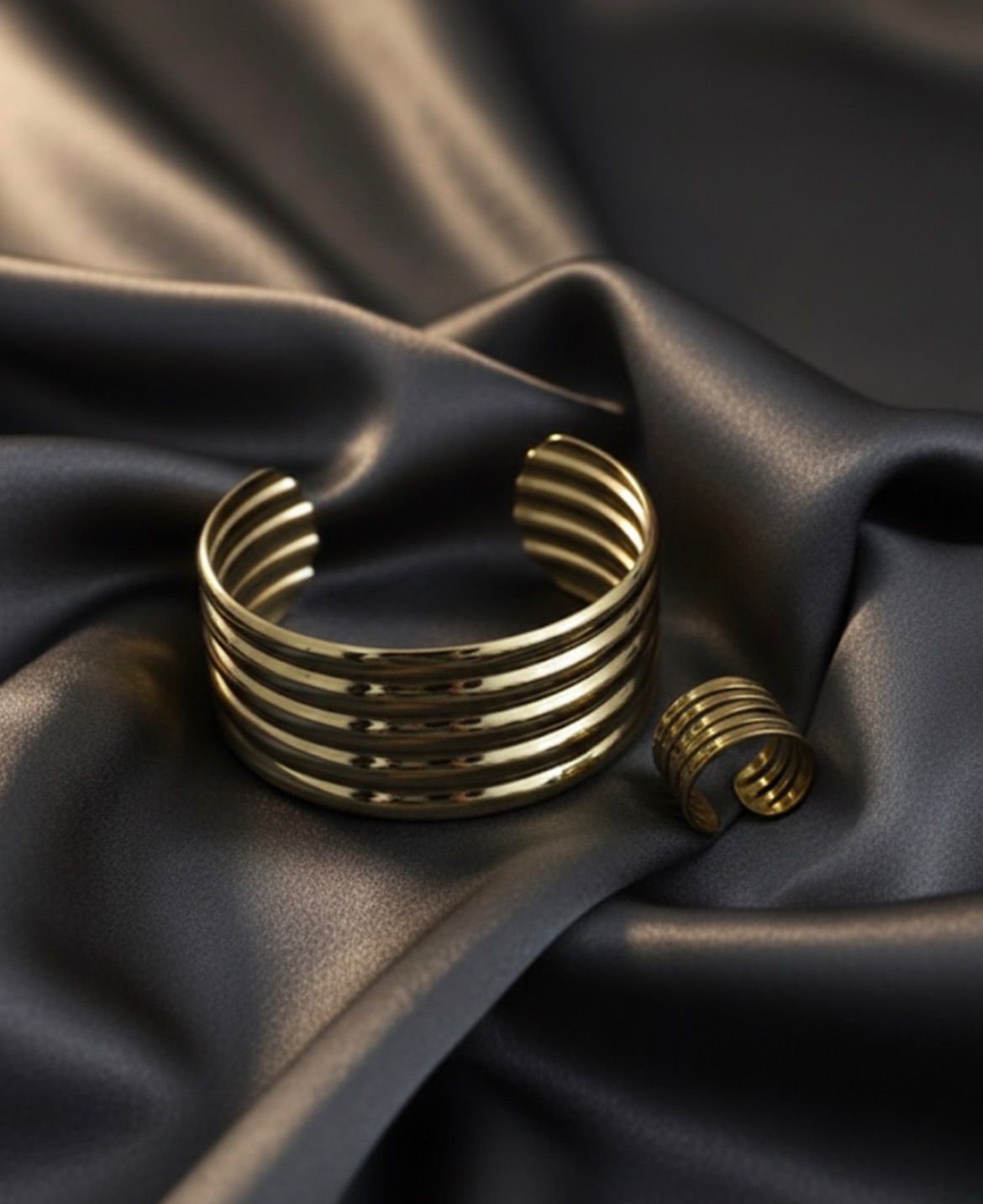 (COMBO) Sculptural Multi-Band Cuff Bracelet + Adjustable Ring Set