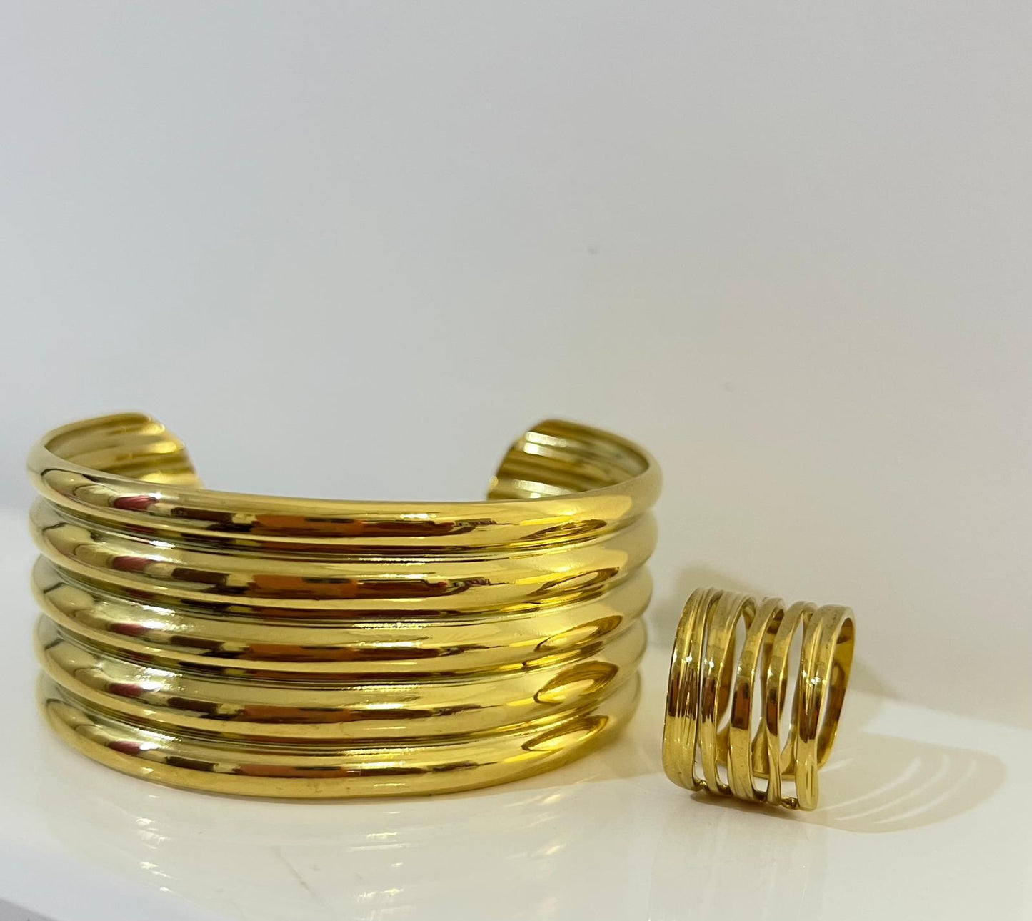 (COMBO) Sculptural Multi-Band Cuff Bracelet + Adjustable Ring Set