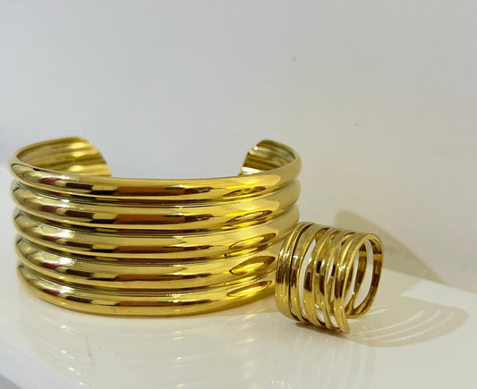 (COMBO) Sculptural Multi-Band Cuff Bracelet + Adjustable Ring Set