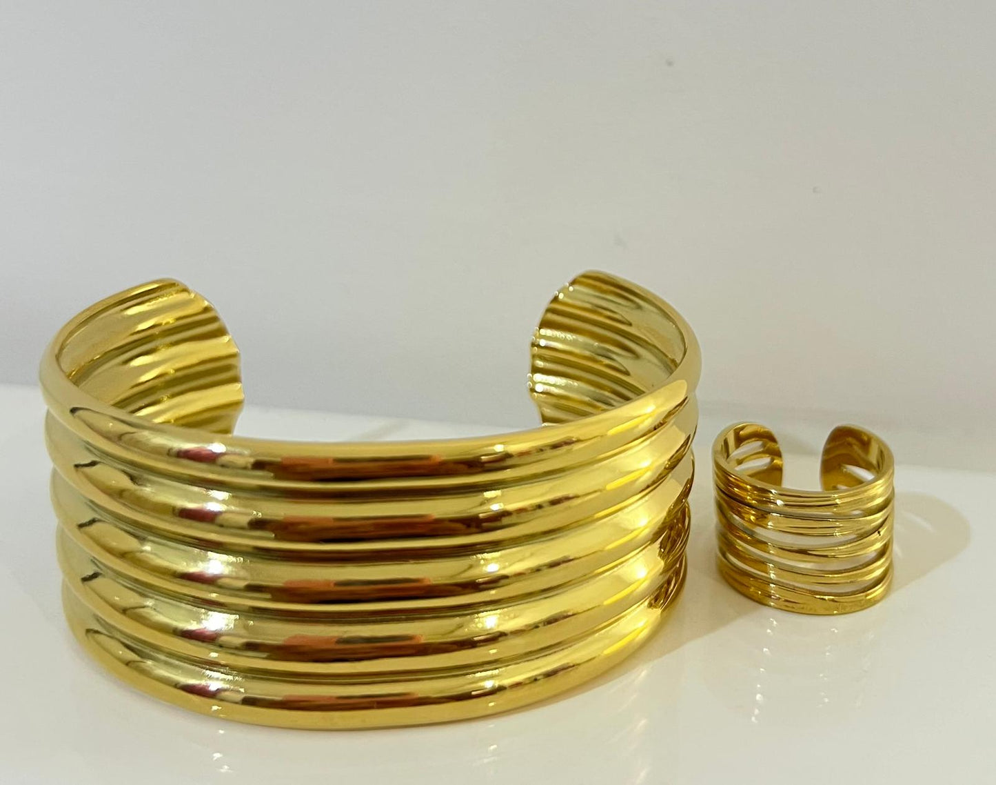 (COMBO) Sculptural Multi-Band Cuff Bracelet + Adjustable Ring Set