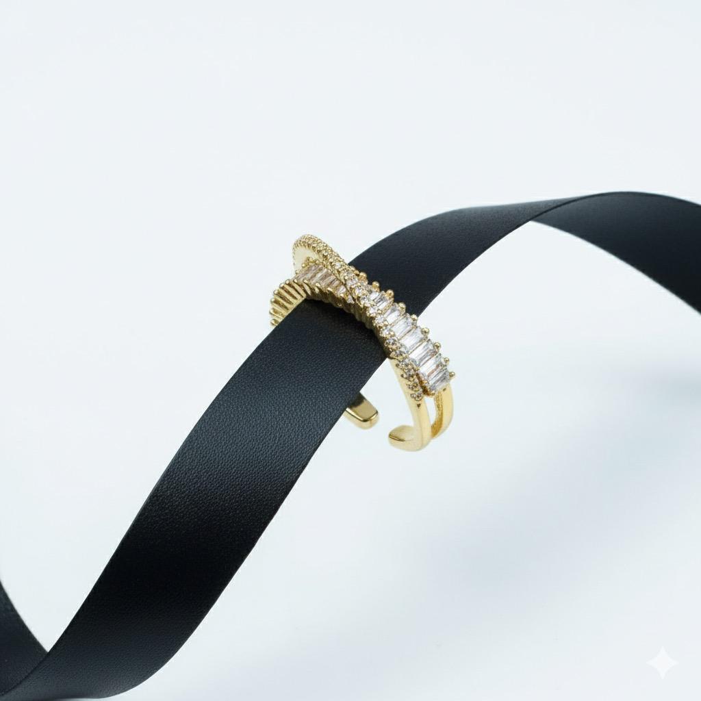 Baguette & Pave Double-Row Adjustable Cuff Ring