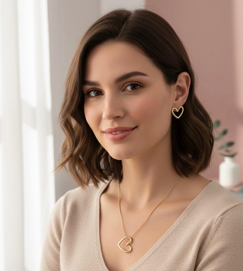 (COMBO) Minimalist Open Heart Necklace + Earring Set